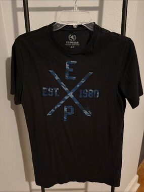 Express Black Short-Sleeve Tee with Blue Camouflage Graphic